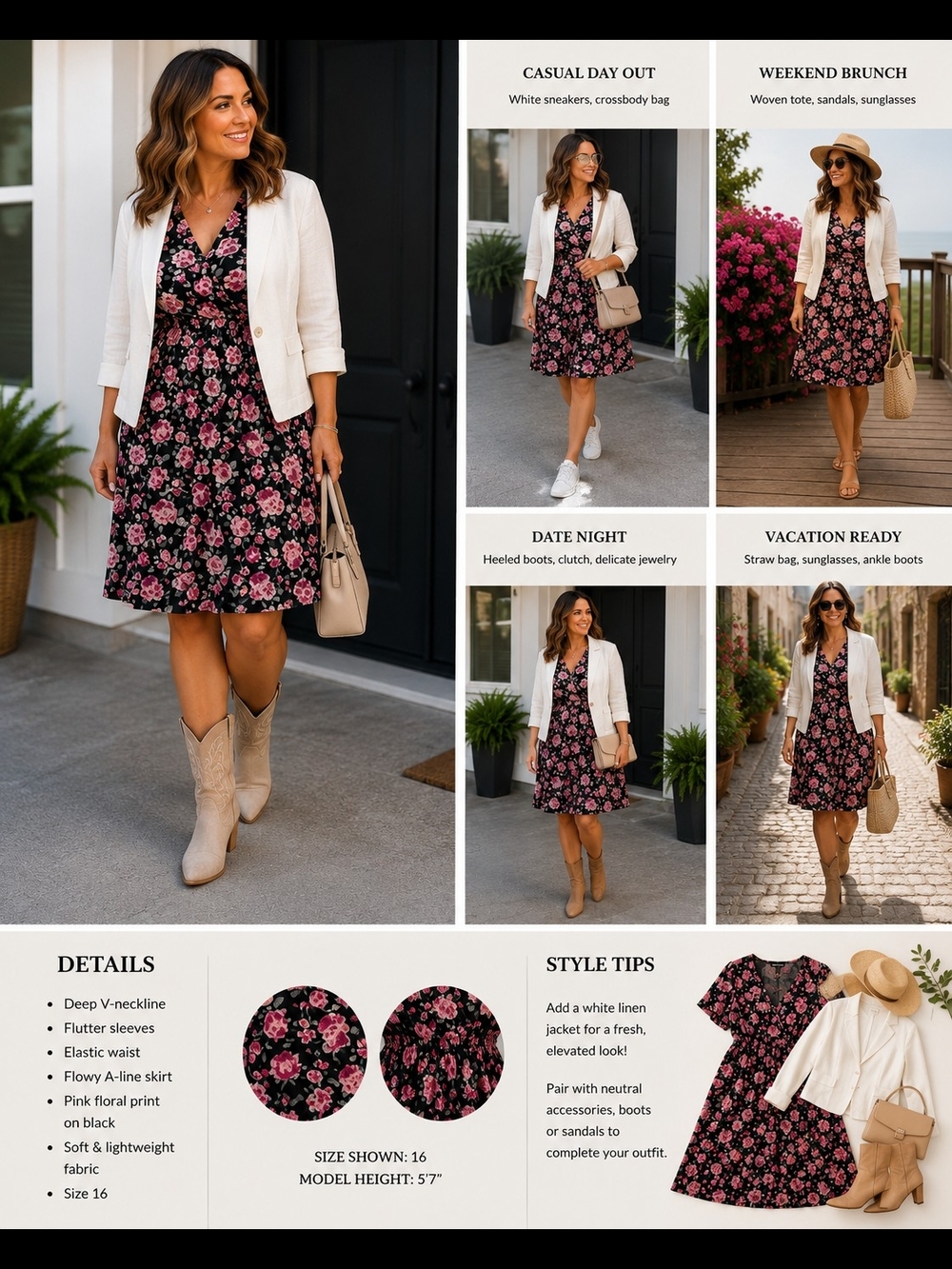SHEIN Black Floral Pink Rose V-Neck Dress